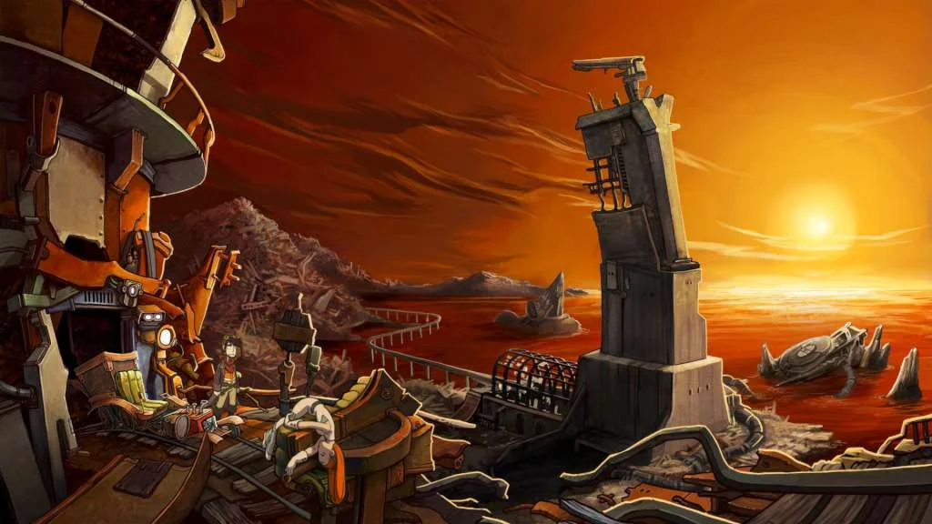 Deponia Rufus and Goal puzzle in a trash-town street
