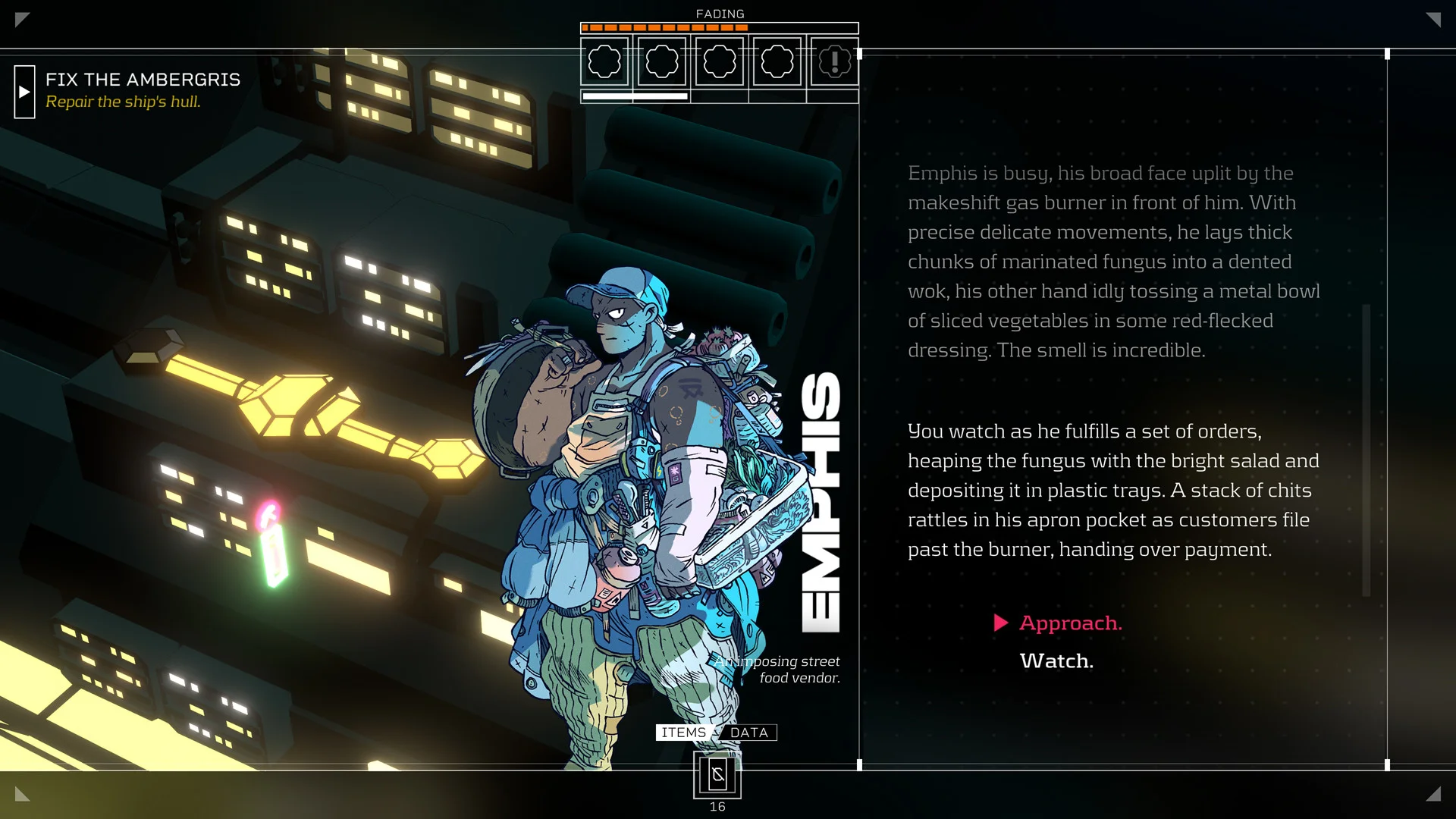 Emphis street-food vendor with a loaded backpack, Approach or Watch, Fix the Ambergris drive