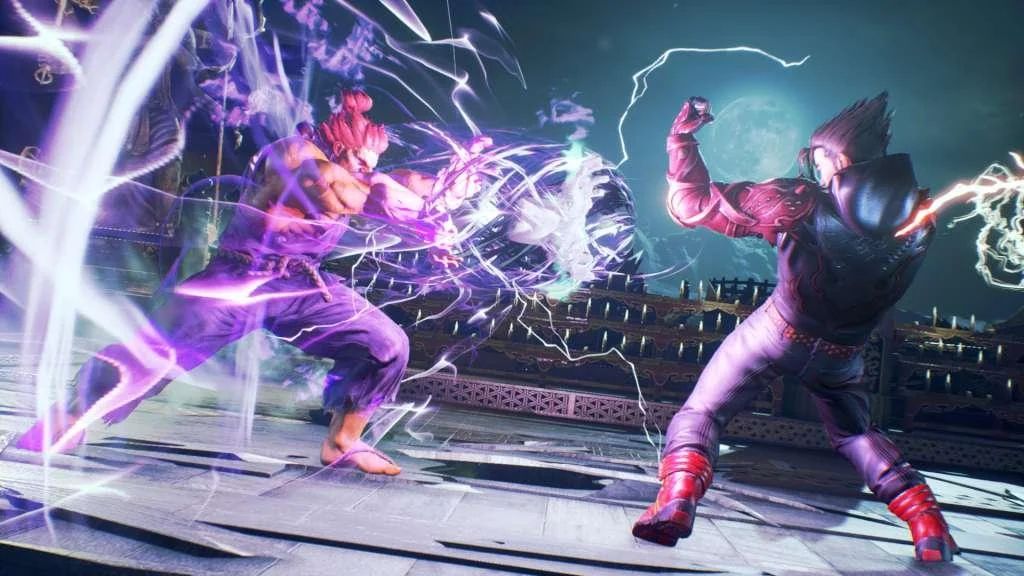 Red-haired fighter in a purple gi clashes a purple energy strike with a fighter in red boots under a moon