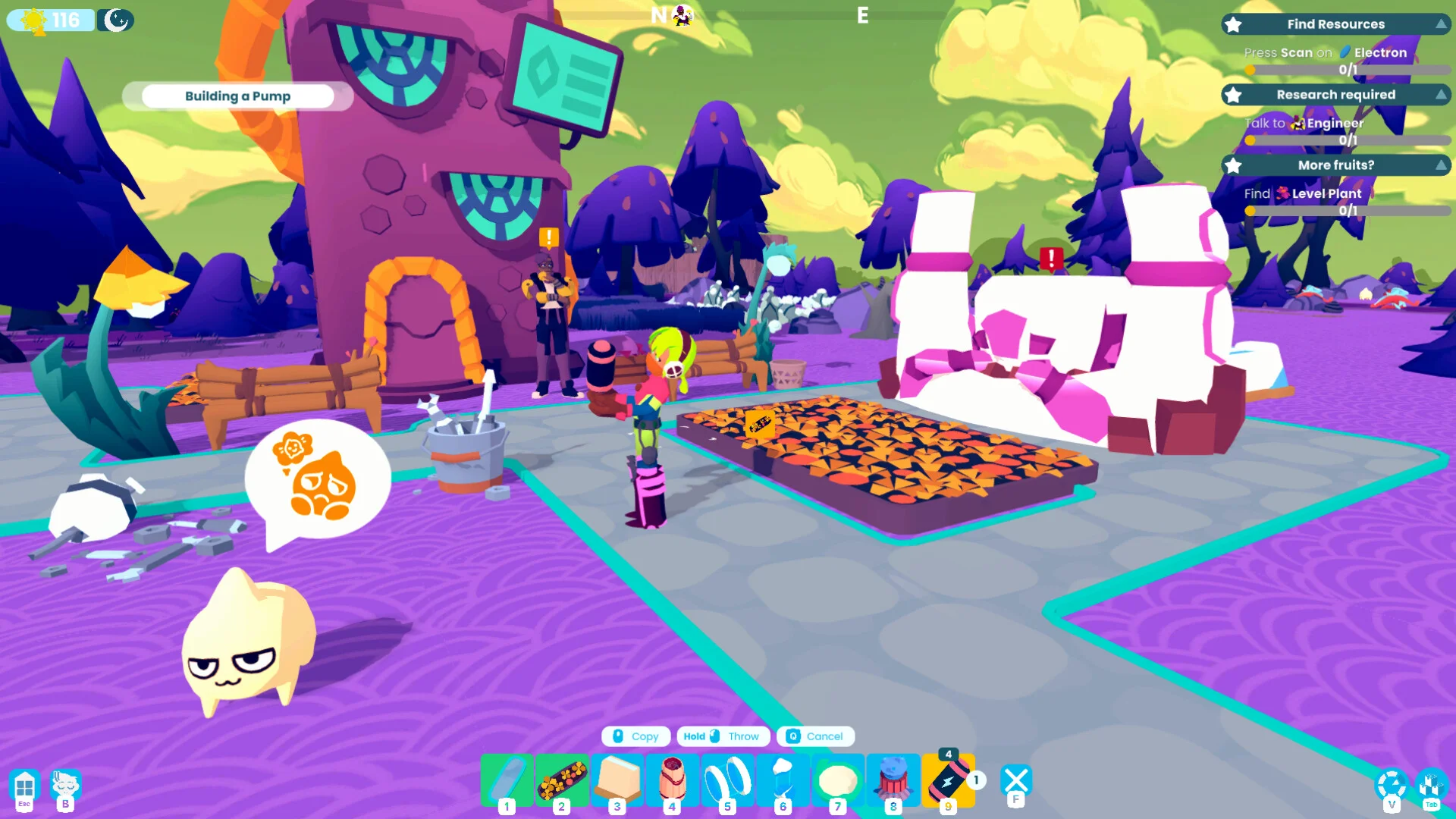 Building a Pump: pink tower, orange crop bed, yellow blob, Find Resources quest list