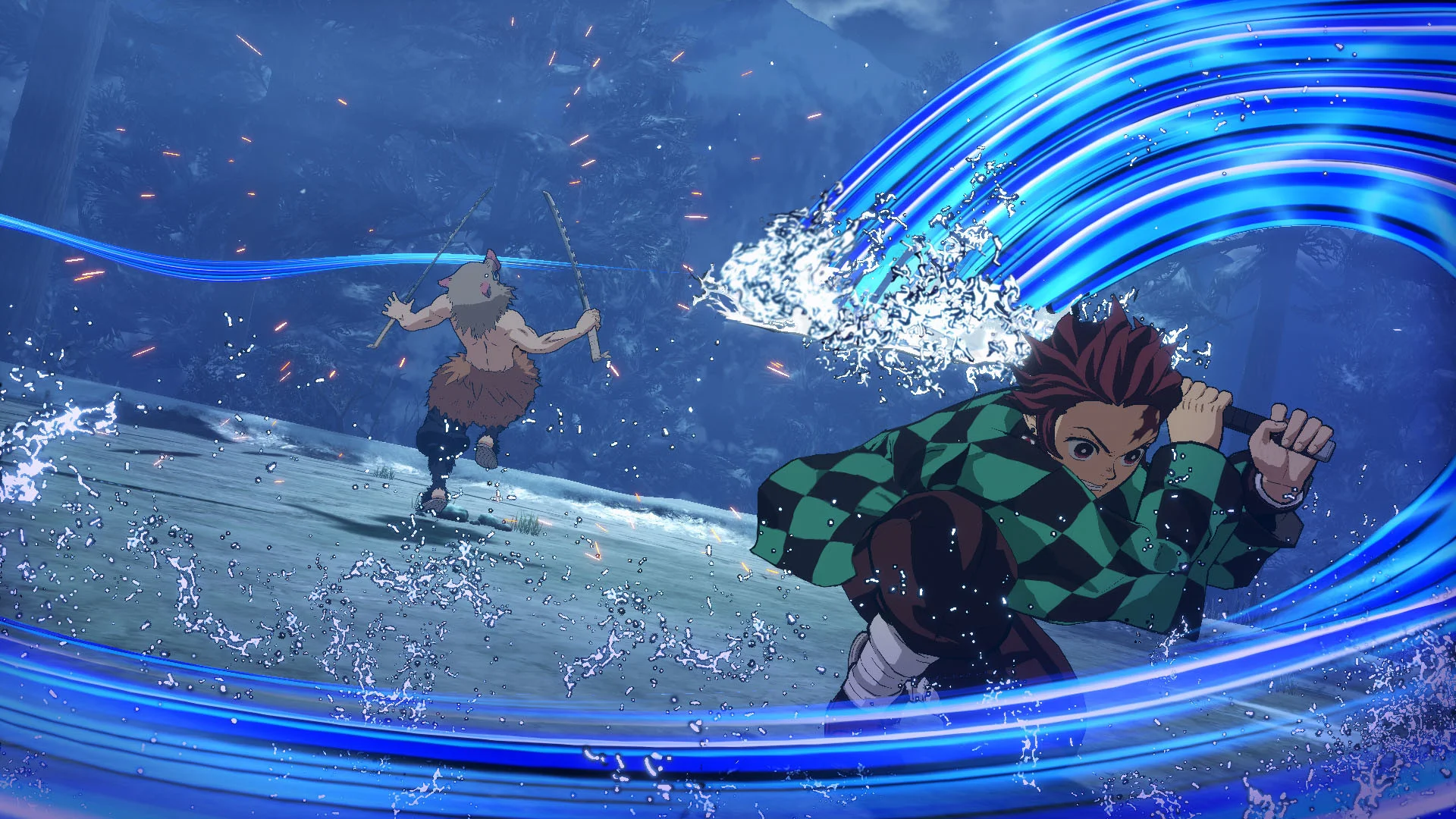 A fighter in a green checkered haori with a blue water-like slash.