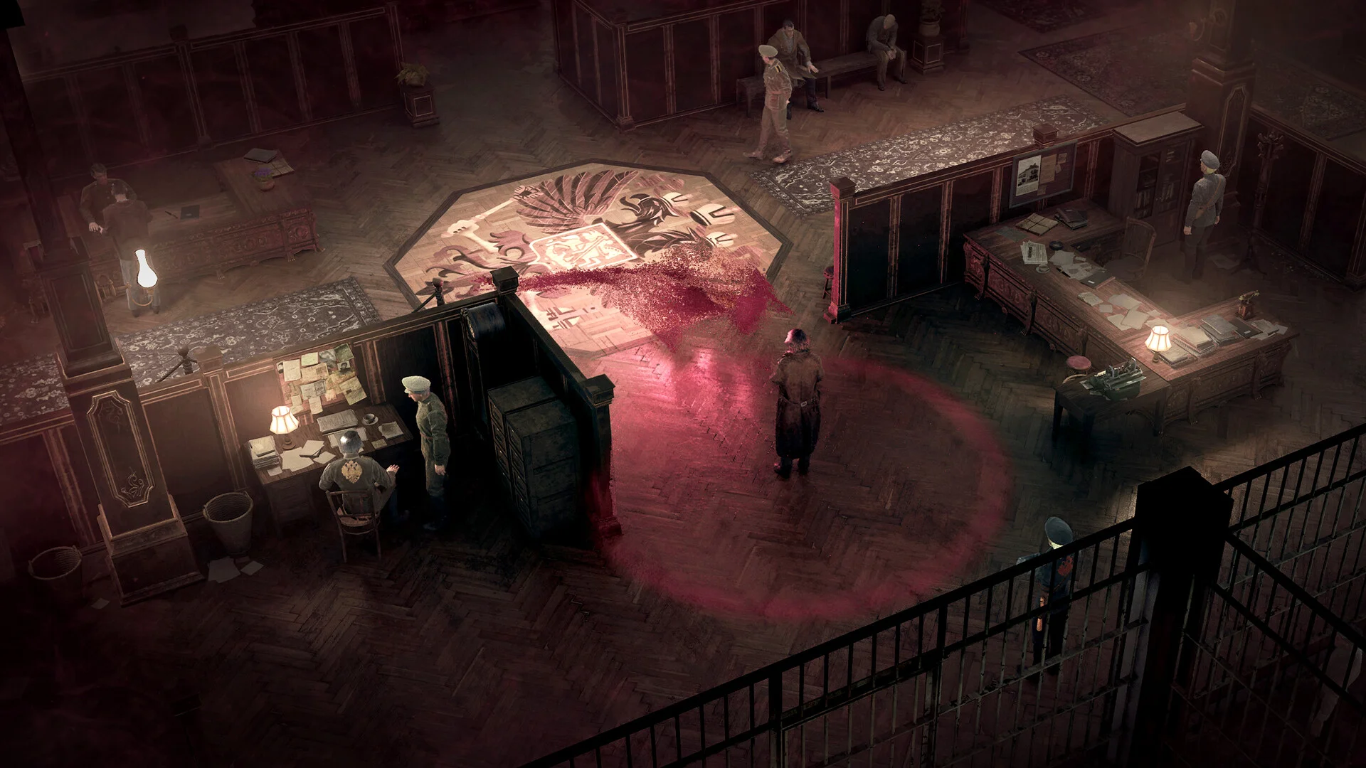 Overhead tsarist office: Wiktor in a crimson perception circle, blood spray on the floor mosaic