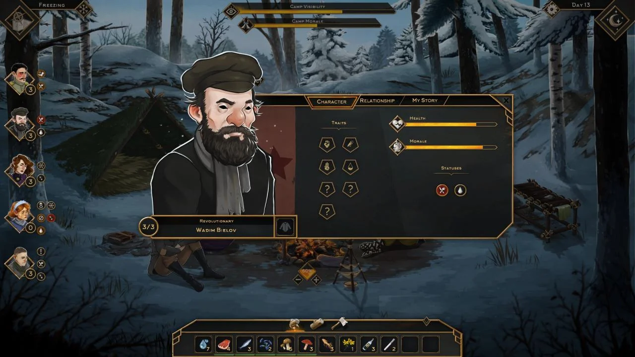 Character sheet for Revolutionary Wadim Bielov with Health and Morale bars over the snow camp