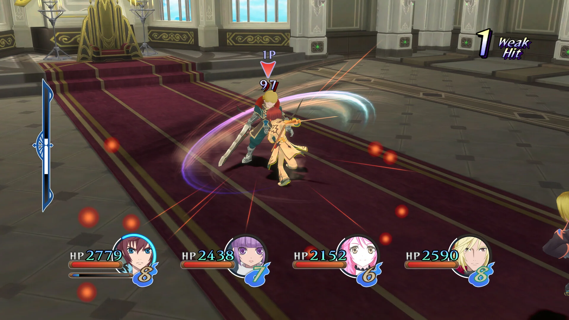 Style Shift battle in a throne hall with Weak Hit and the party HUD