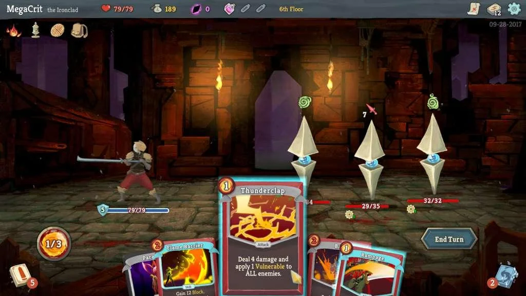 Ironclad on the 6th Floor, Thunderclap card dealing damage and Vulnerable to all, three crystal sentries ahead