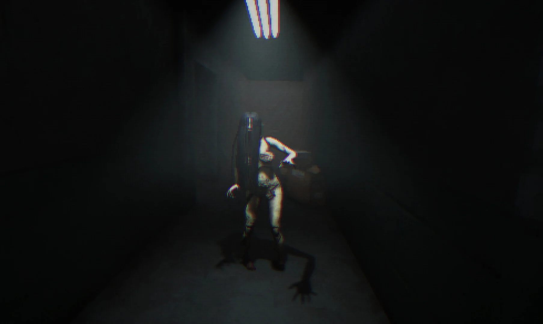 Fluorescent hallway: pale figure with a long dark visor and clawed shadow on the floor