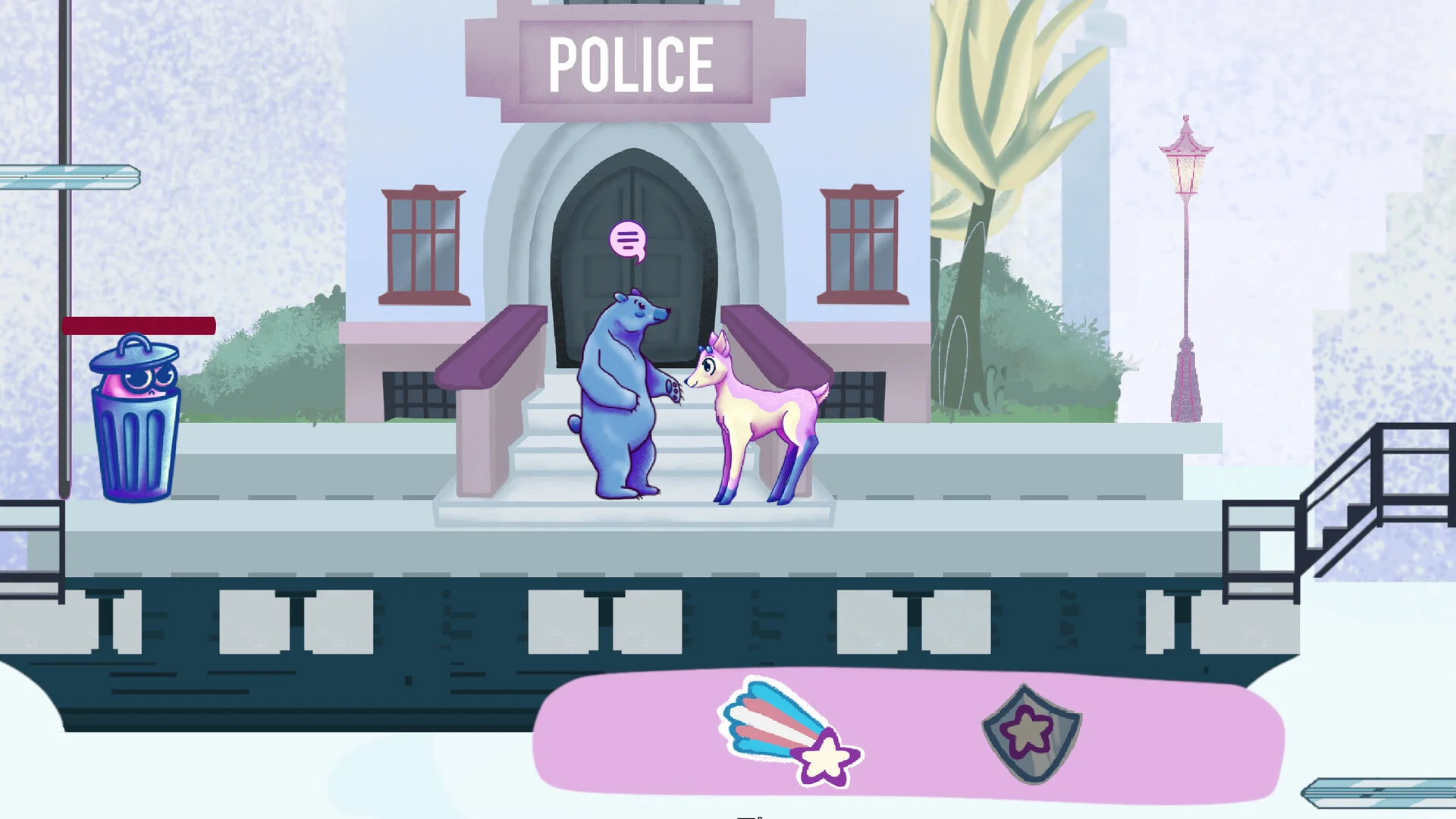 TransGenDeer hugs an ally bear outside a police building