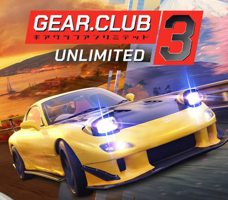 Gear.Club Unlimited 3 cover, yellow Mazda sports car with carbon hood and lit headlights, UNLIMITED 3 logo, coastal road at sunset