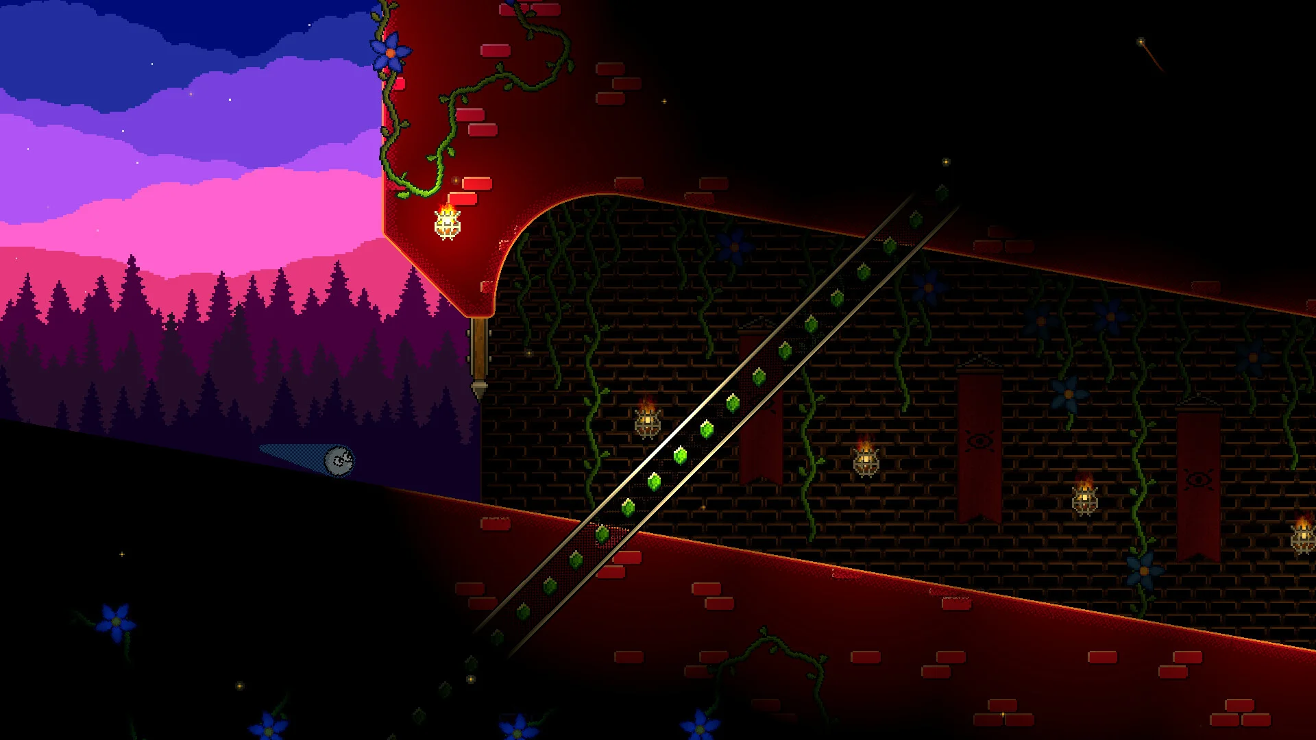 Sunset forest: Pip rolling left, green gem ramp on a vine-covered brick wall with banners