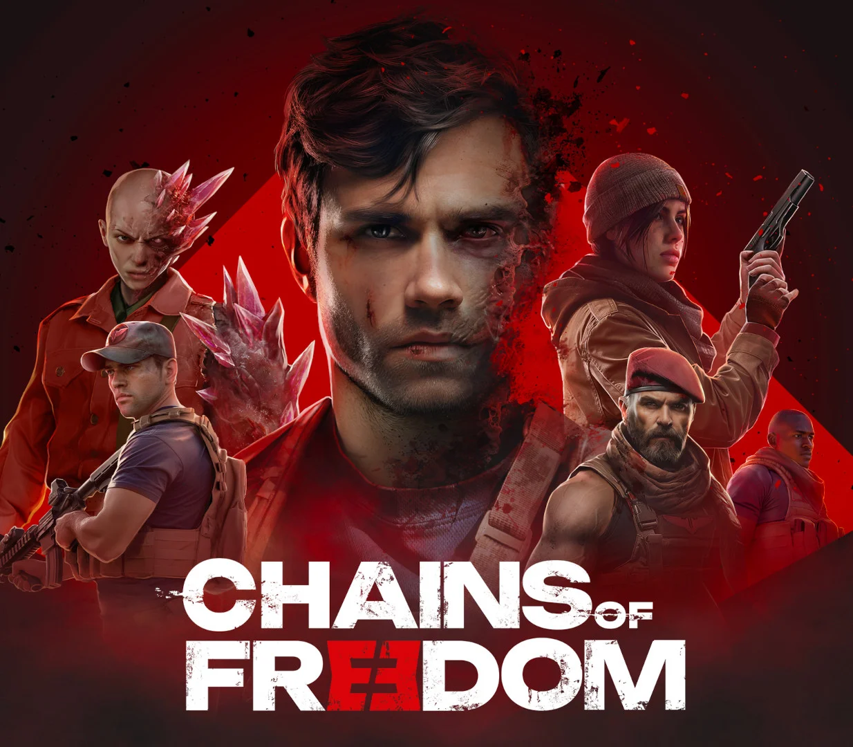 Chains of Freedom cover, scarred man in red, crystal-armed ally, woman with a pistol, two soldiers on a red field