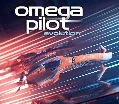 Orange anti-gravity ship under the Omega Pilot Evolution logo with red and blue speed streaks