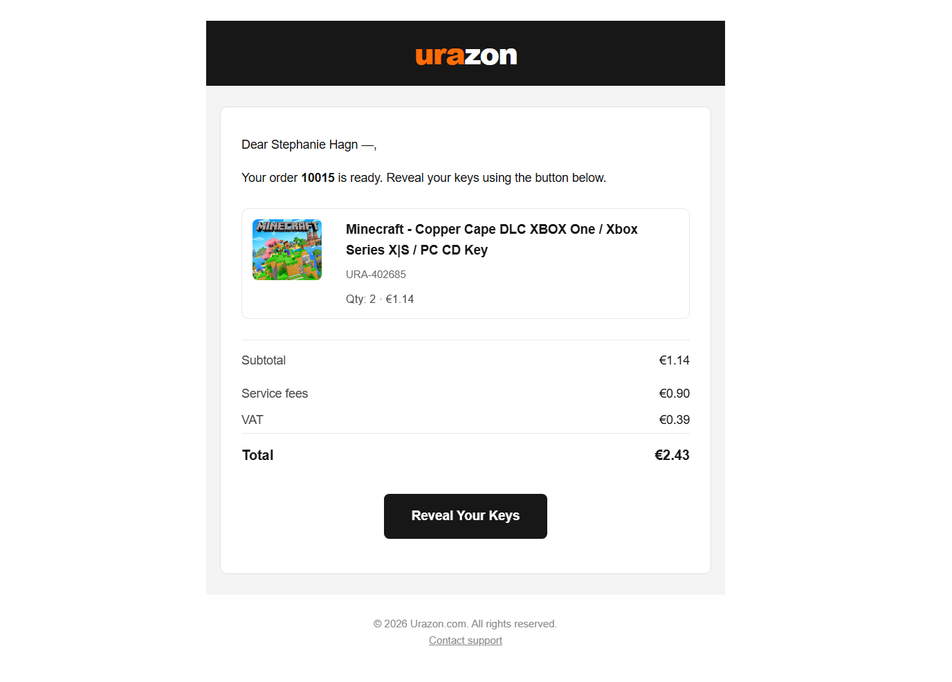 Urazon guest order confirmation email