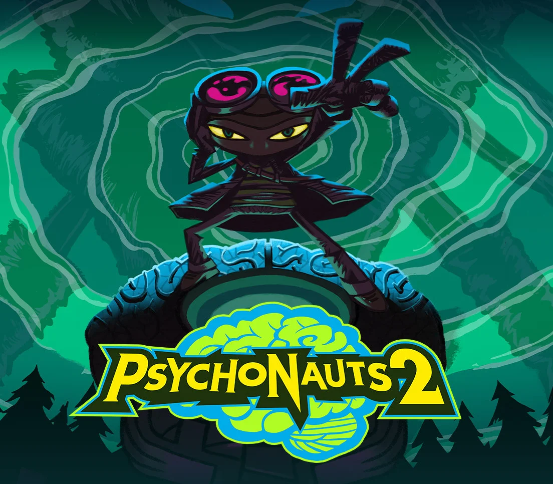 Psychonauts 2 cover of Raz in goggles standing on a brain