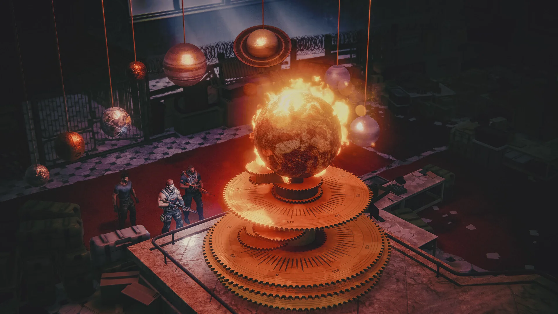 Two armed figures beside a burning globe on gold gears, hanging planet models in a dark hall