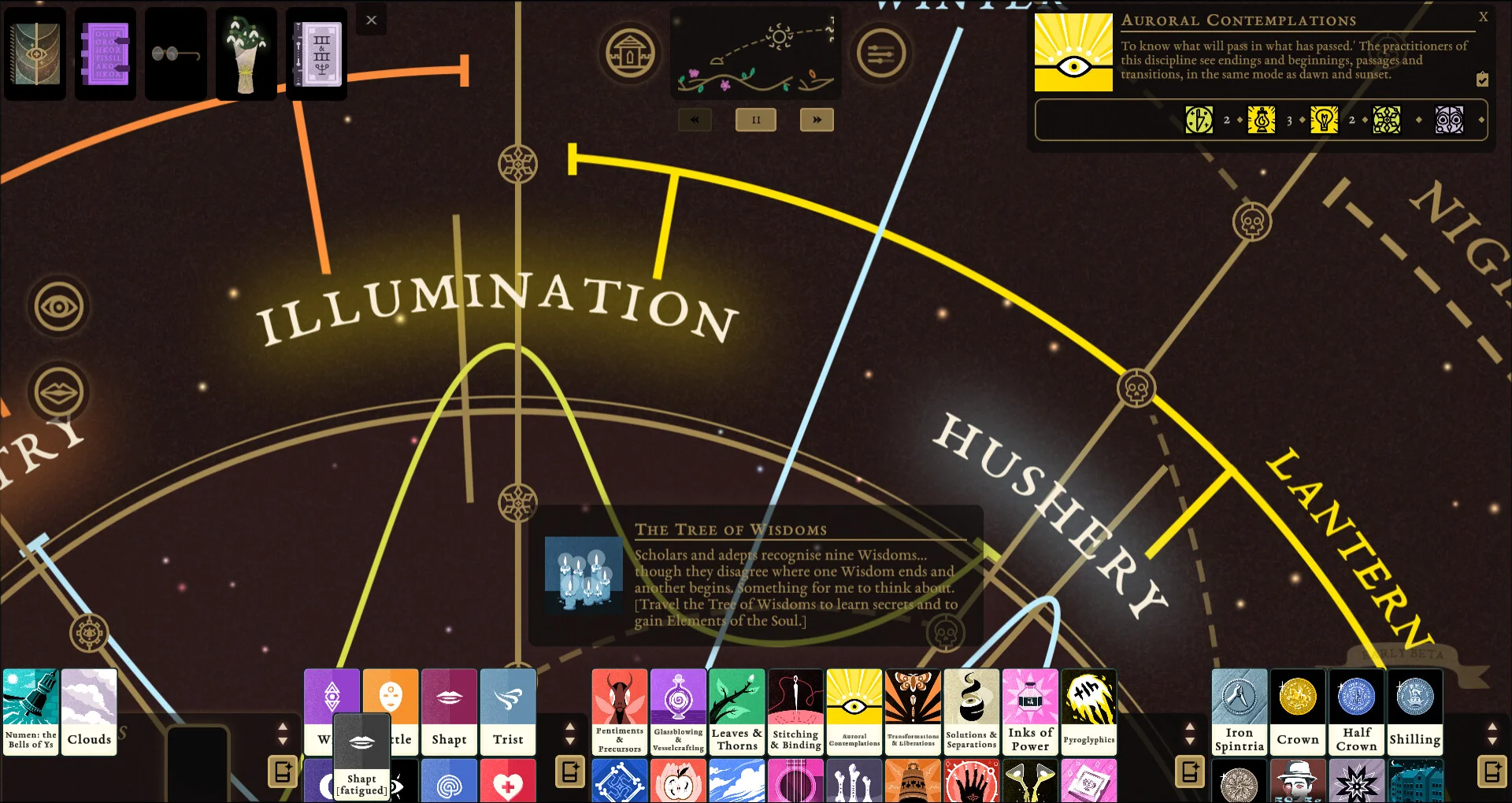 Tree of Wisdoms: ILLUMINATION, HUSHERY, LANTERN arcs, Auroral Contemplations, Shapt Trist cards