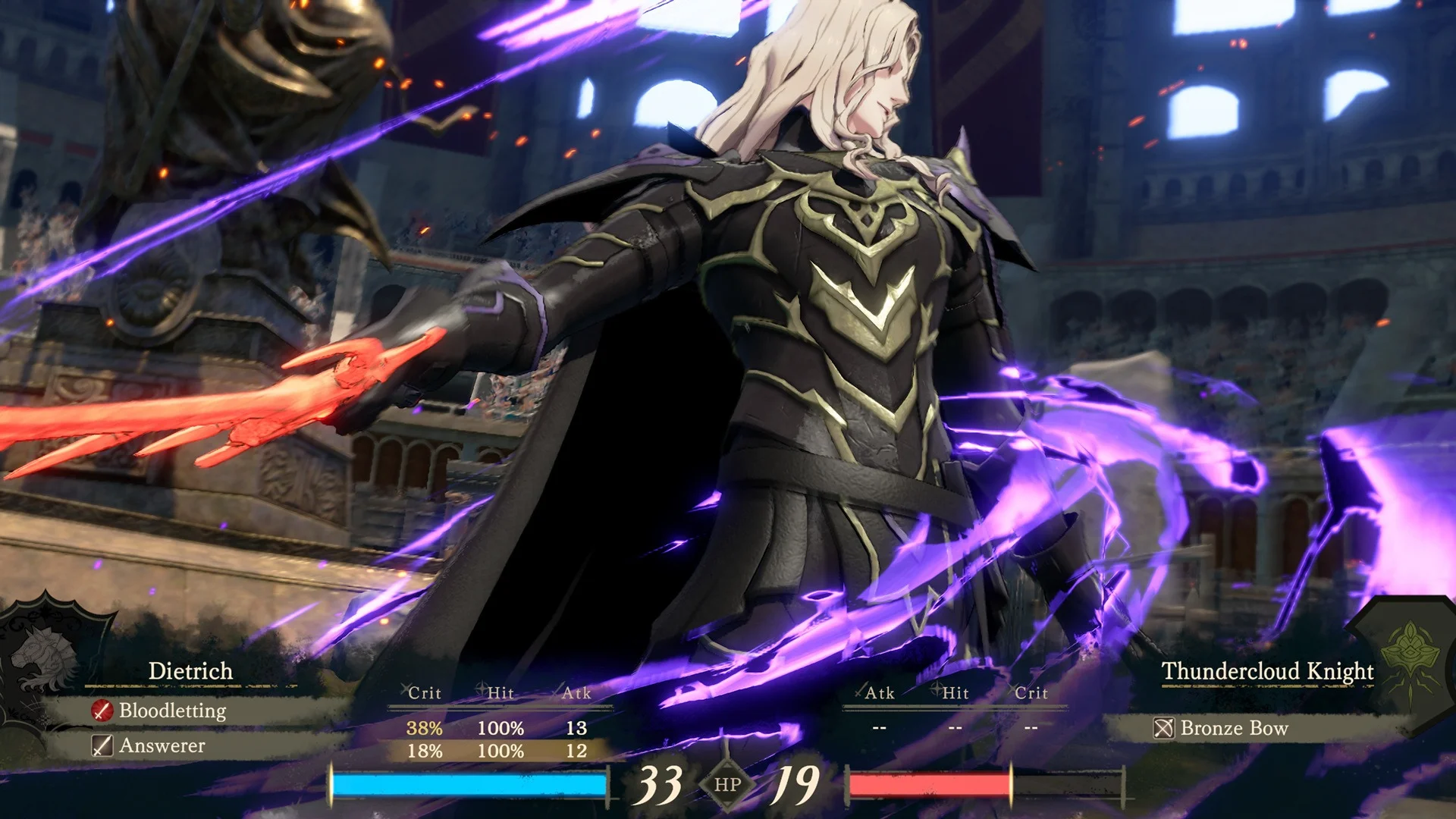 Dietrich in black and gold armour swinging a red blade wrapped in purple lightning, Thundercloud Knight class on the combat bar