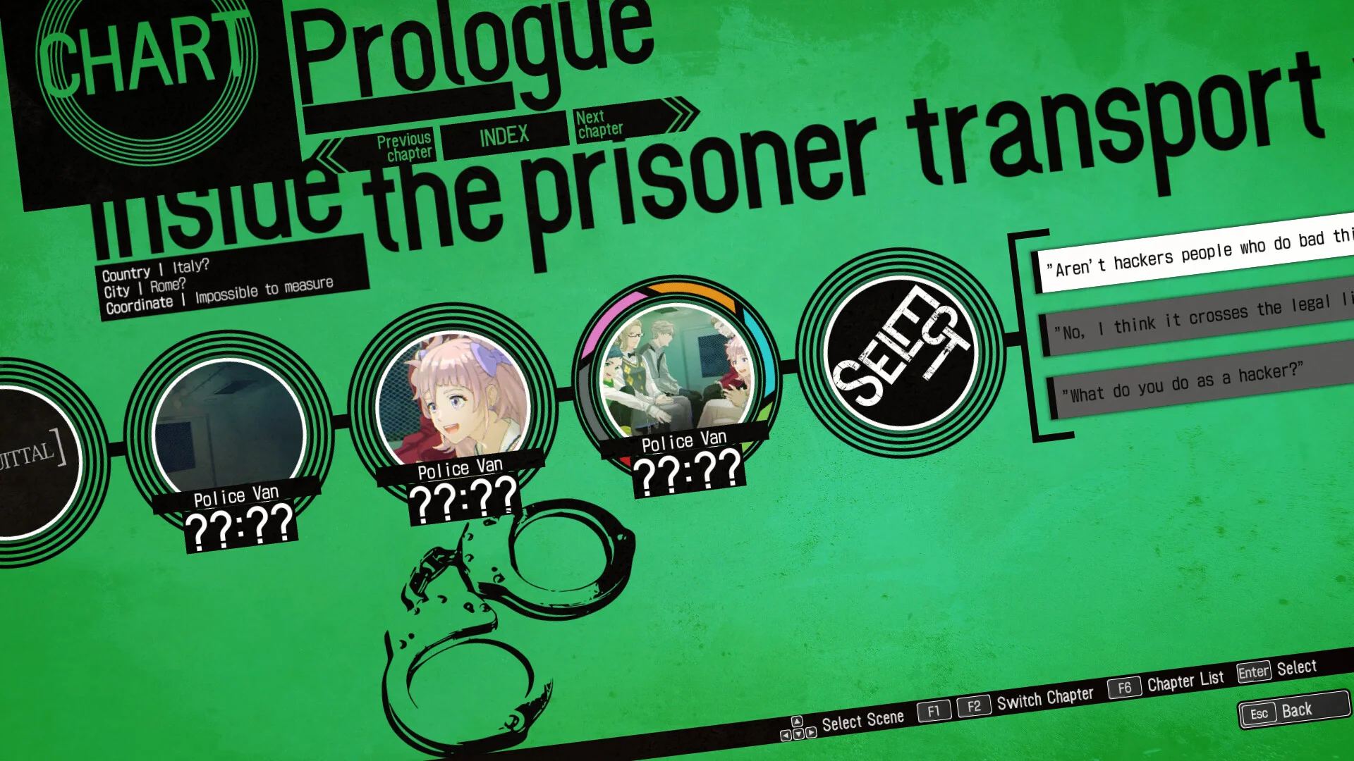 CHART Prologue Inside the prisoner transport, węzły Police Van, gałęzie SELECT, zielone tło, kajdanki