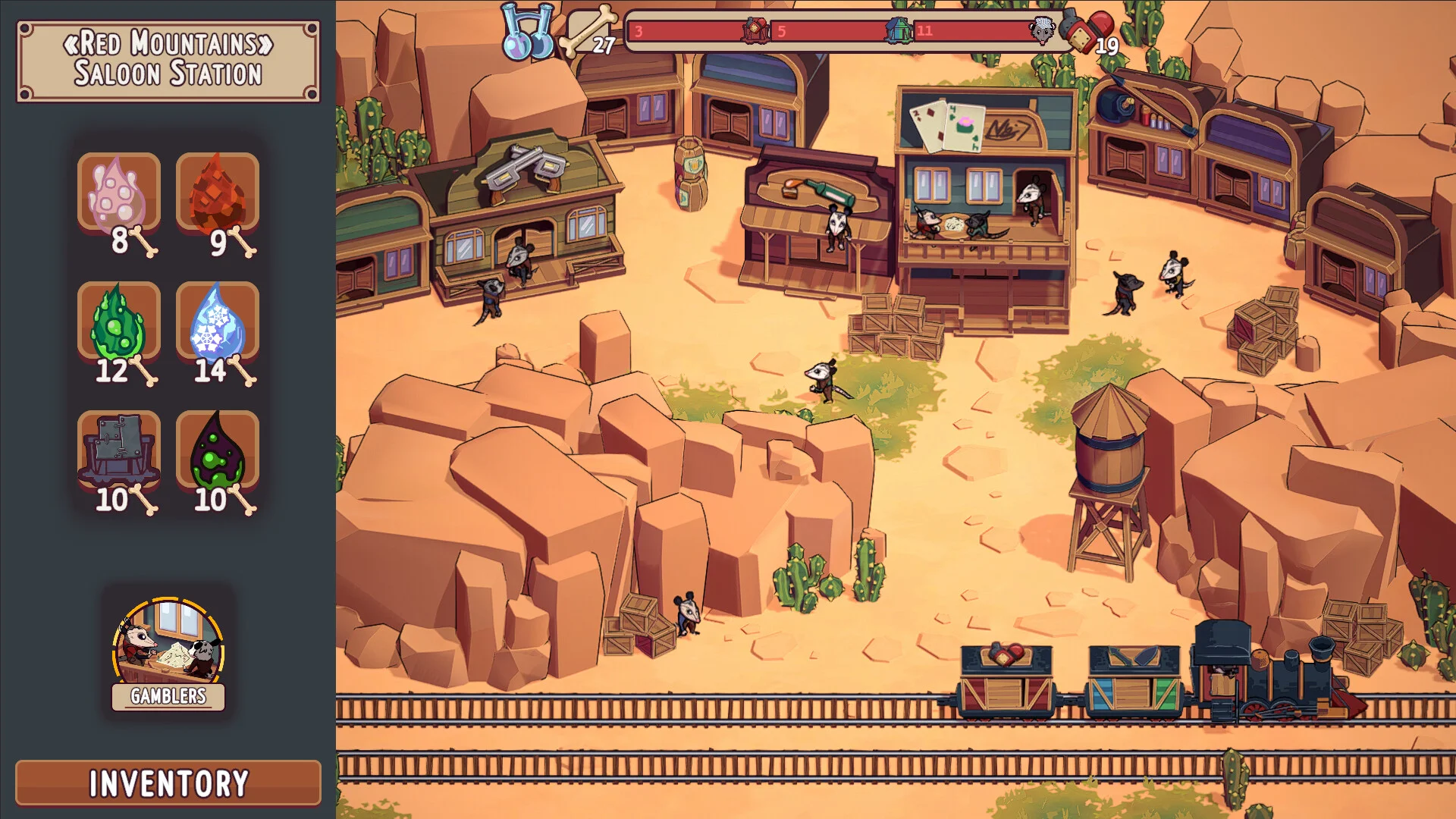 Red Mountains Saloon Station, desert town, GAMBLERS stall, water tower, steam train on the lower tracks