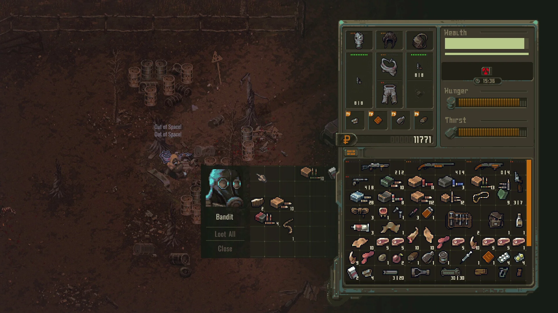 Inventory: Bandit loot gas mask, Health Hunger Thirst, ruble 11771, Out of Space