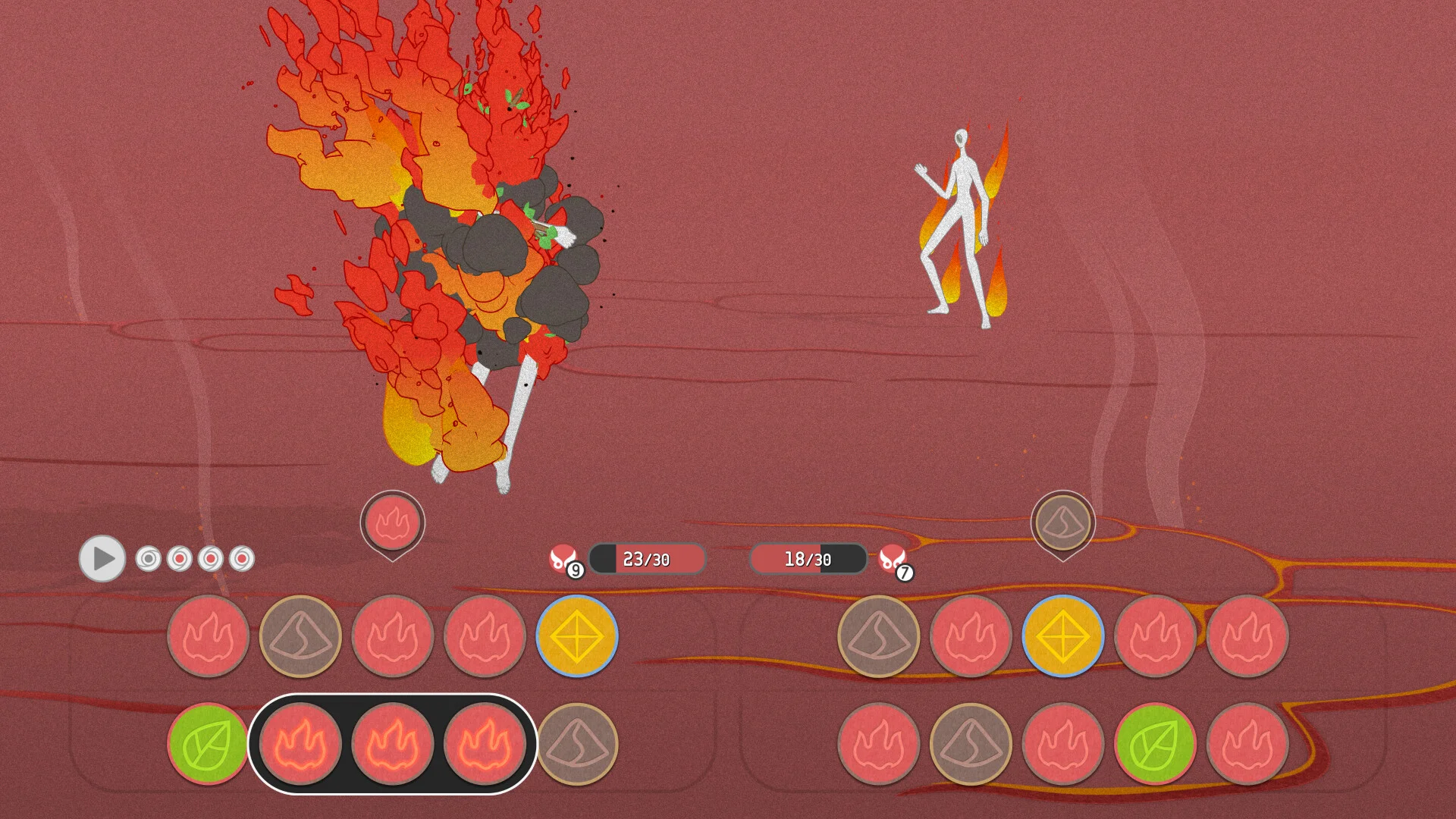 A figure exploding in flame on a red arena while the opponent burns; fire gems in the trays