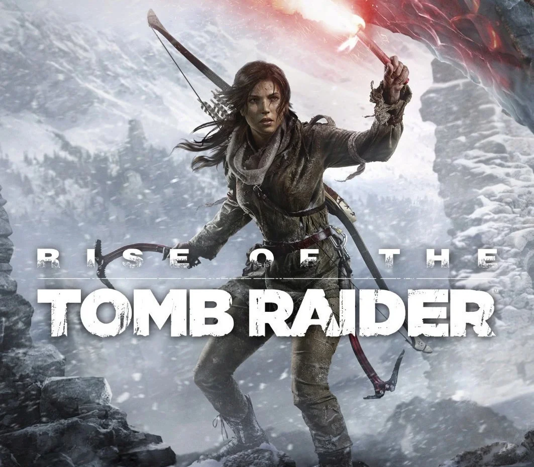 Rise of the Tomb Raider cover of Lara Croft with bow and climbing axe in snow
