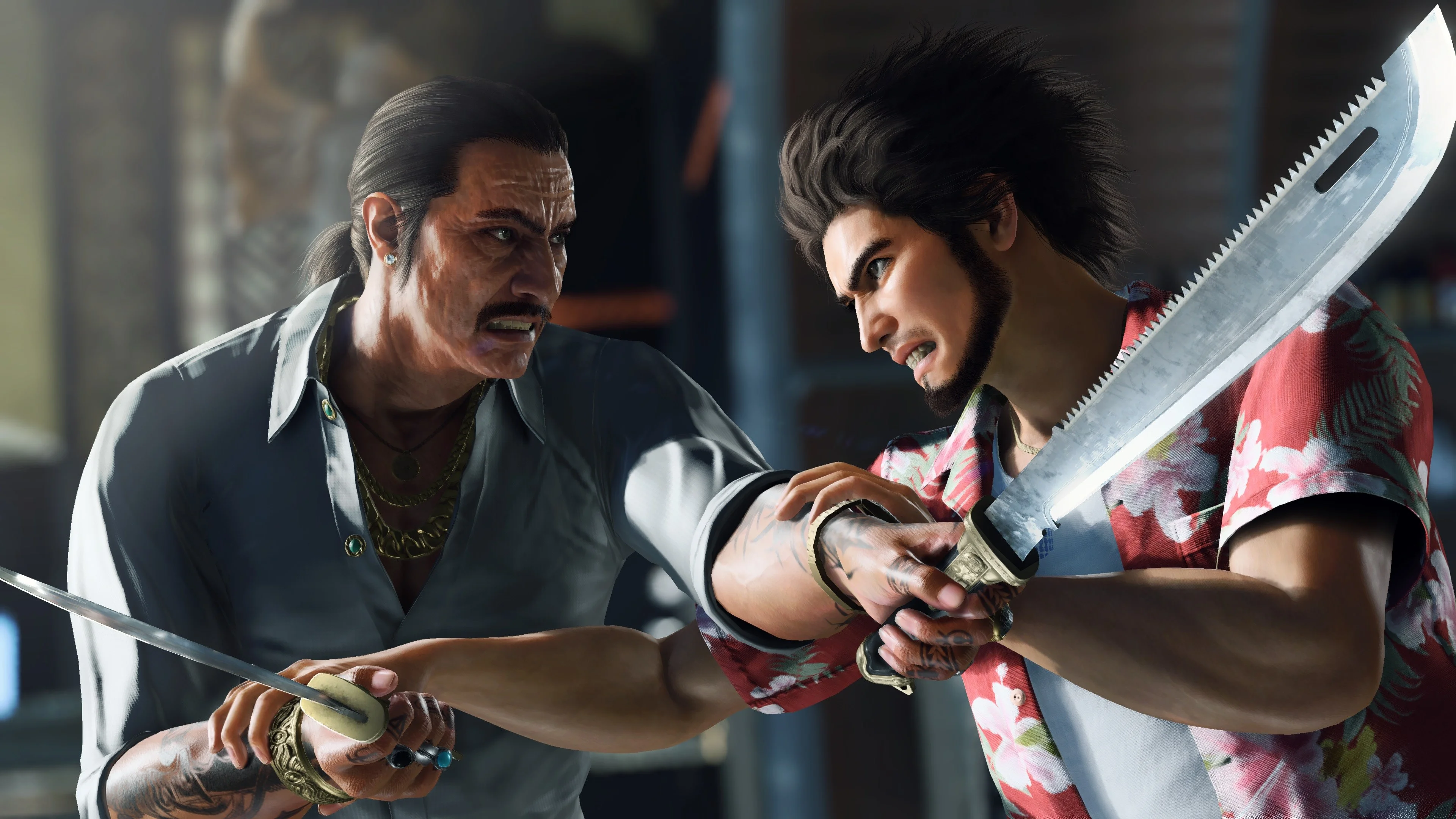 Ichiban in a floral shirt locking blades with a mustached man holding a knife