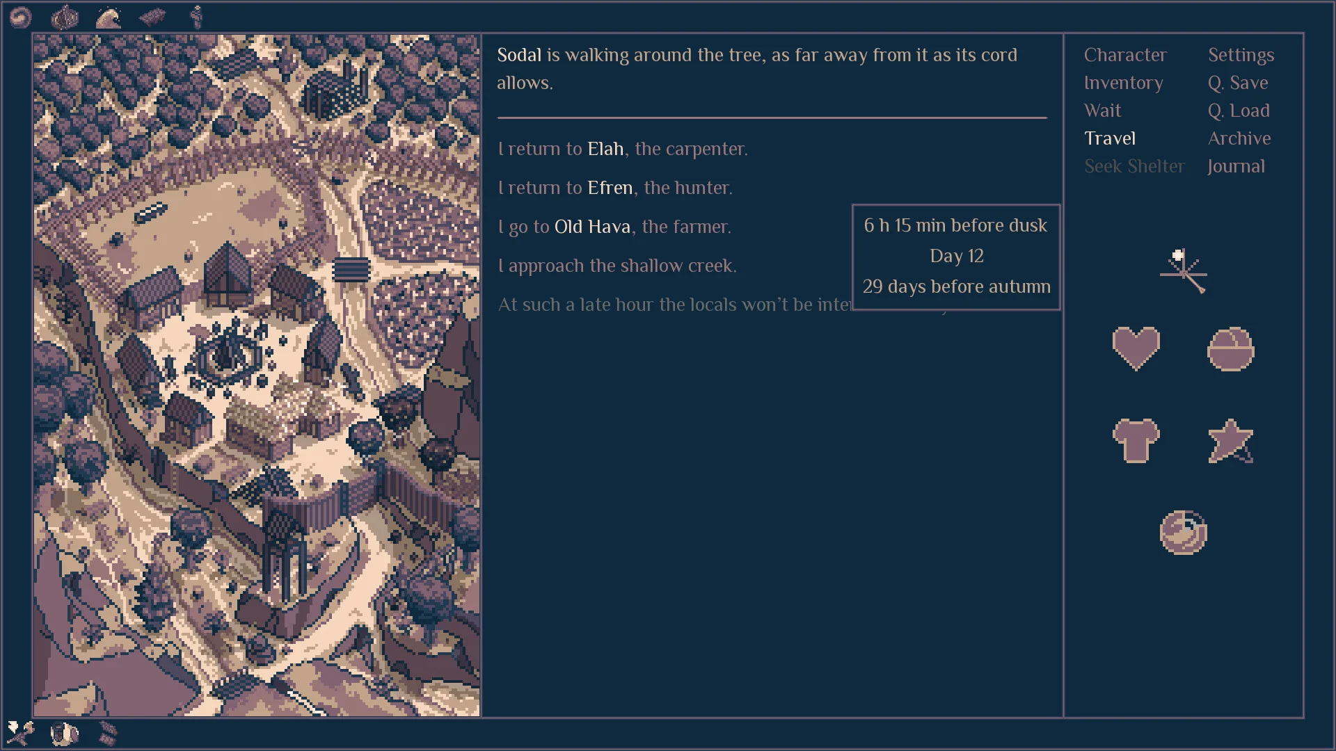 Top-down village of dark roofs among trees, day 12 clock, travel choices to Elahav, Efren and Old Hava