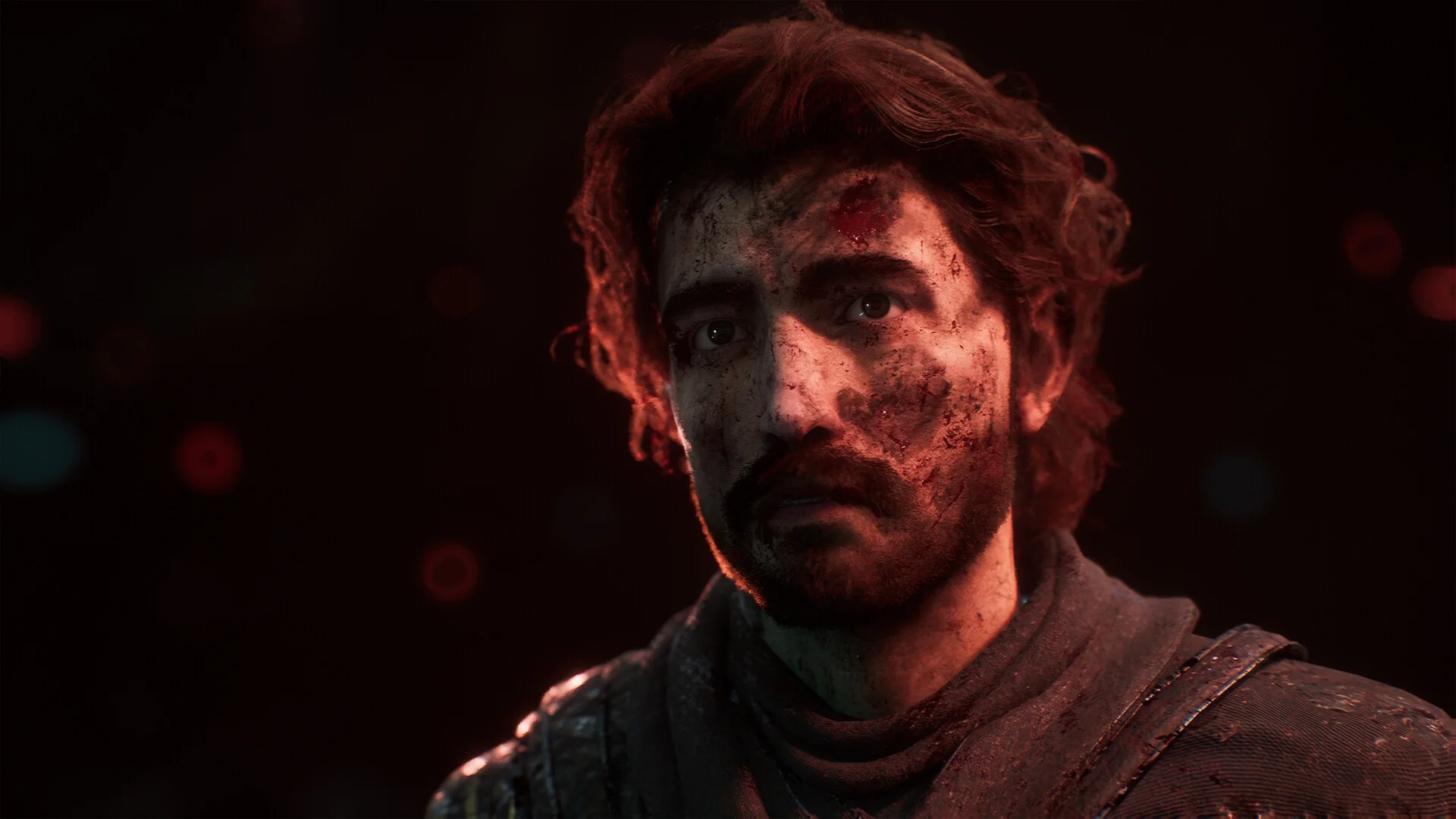 Close portrait of a bloodied expeditioner with curly hair, a moustache, and a scarf