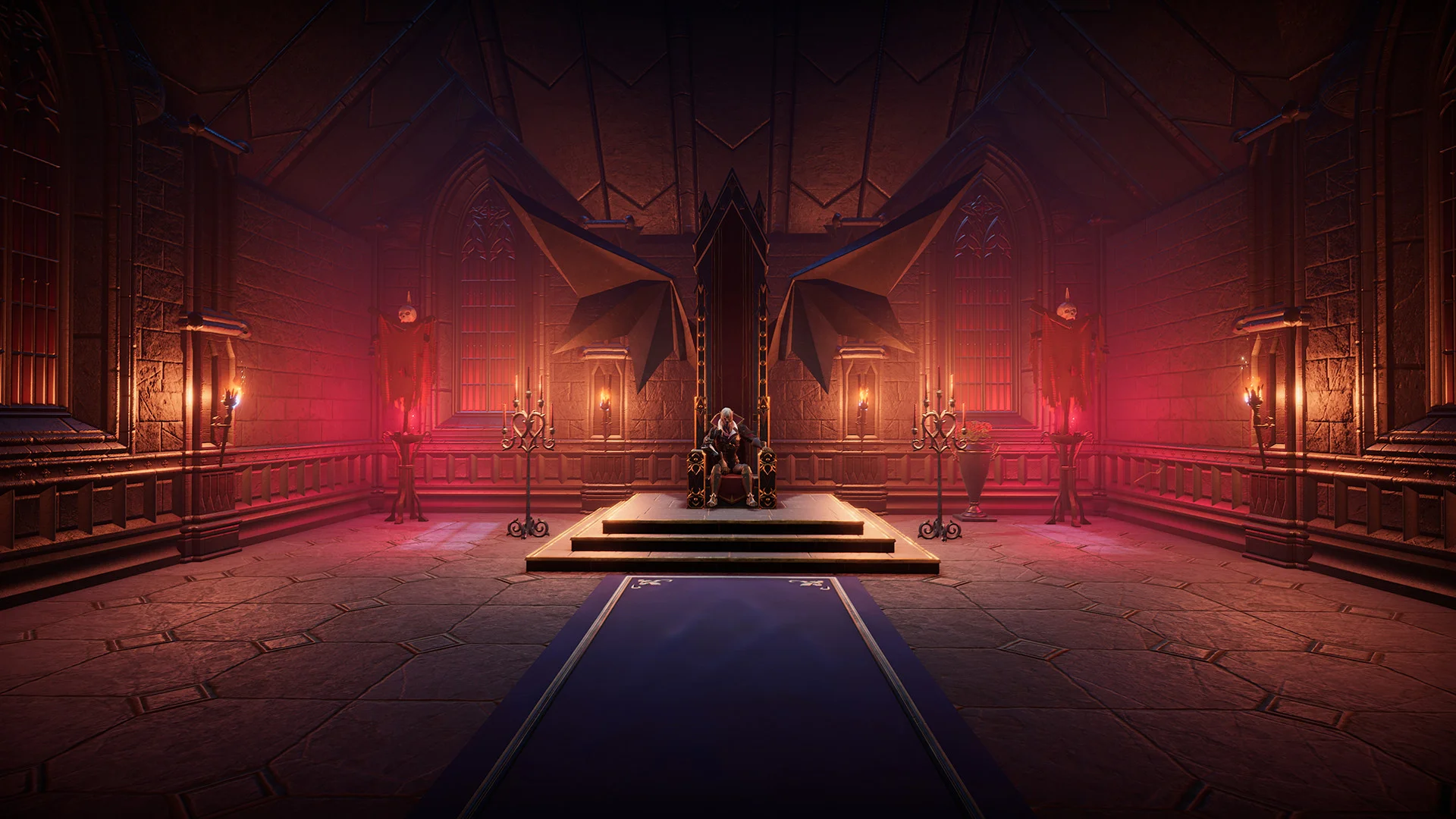 A white-haired figure sits on a throne under bat-wing decorations in a red hall