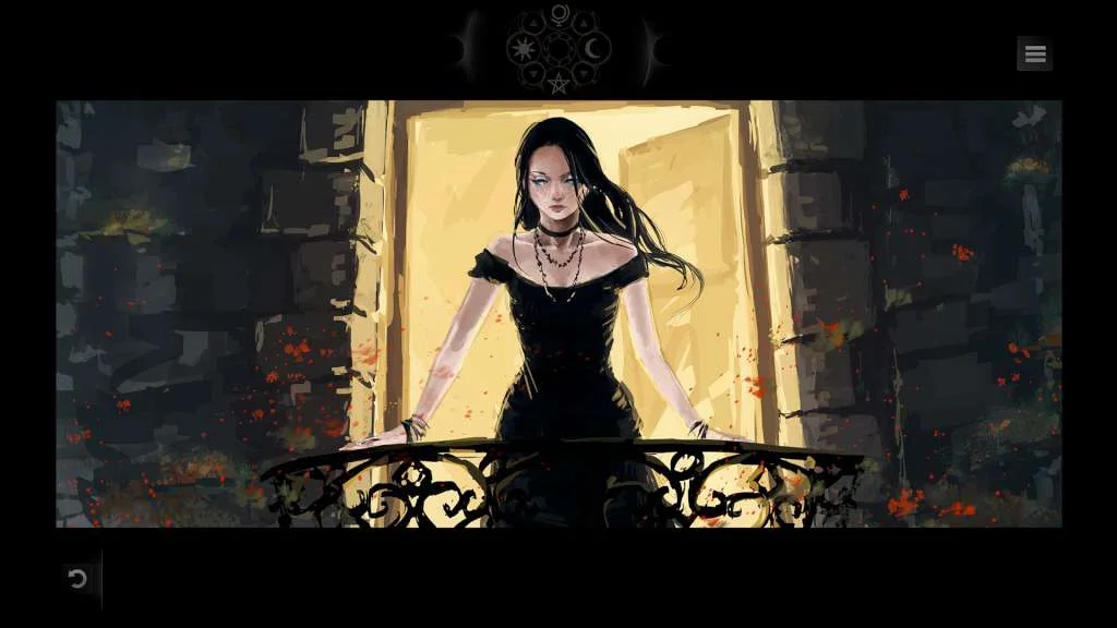 Woman in a black off-shoulder dress and choker stands on a wrought-iron balcony in a yellow doorway, moon-phase HUD above