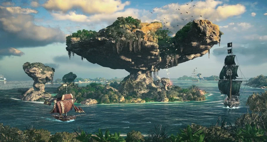 A flying island above the ocean with several ships below.