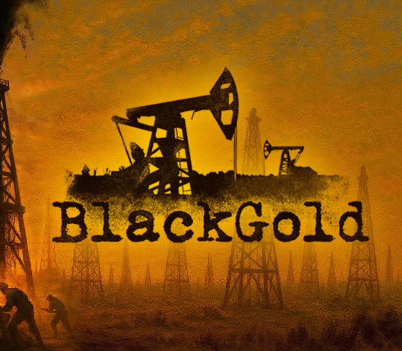 Logo Black Gold nad pomarańczowym polem pełnym wież wiertniczych
