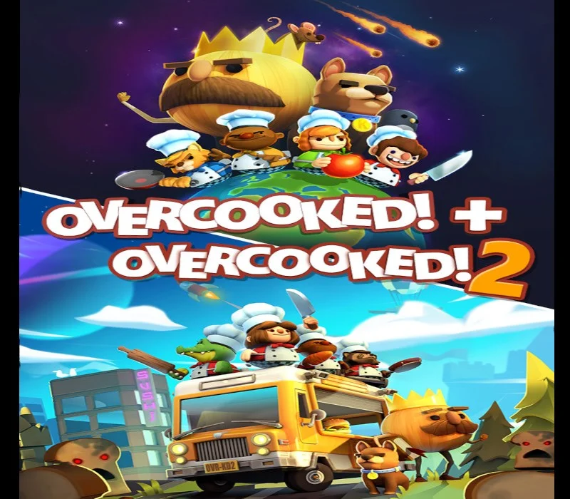 Overcooked plus Overcooked 2 AR cover, chefs in chaotic kitchens