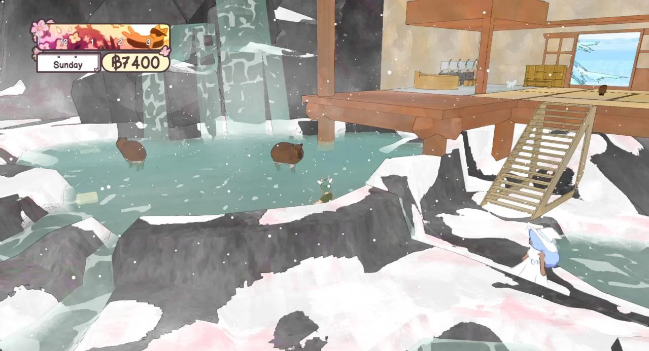 Snowy hot spring, two brown animals in pale water, antlered swimmer, blue-haired person in white on the bank, wooden deck and stairs