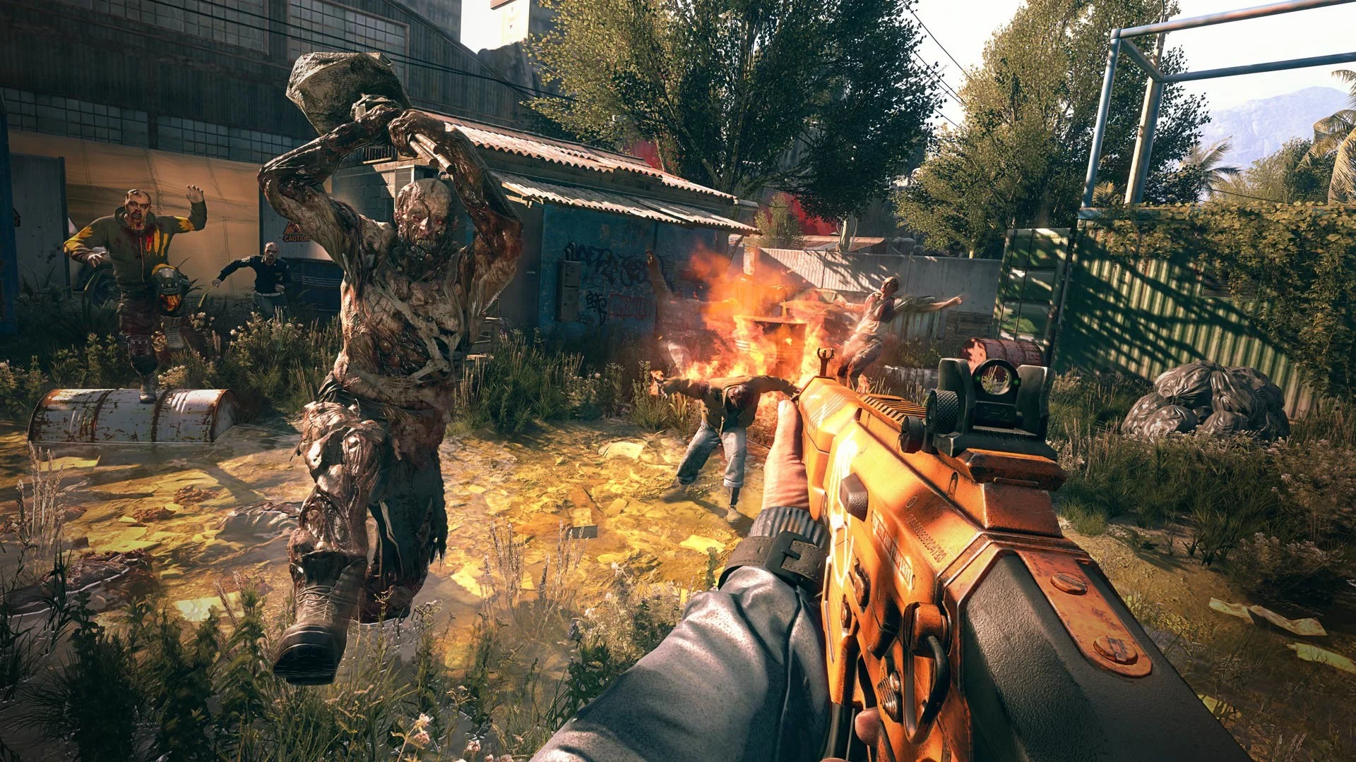 First-person orange rifle as a walker leaps with a concrete slab over yellow water