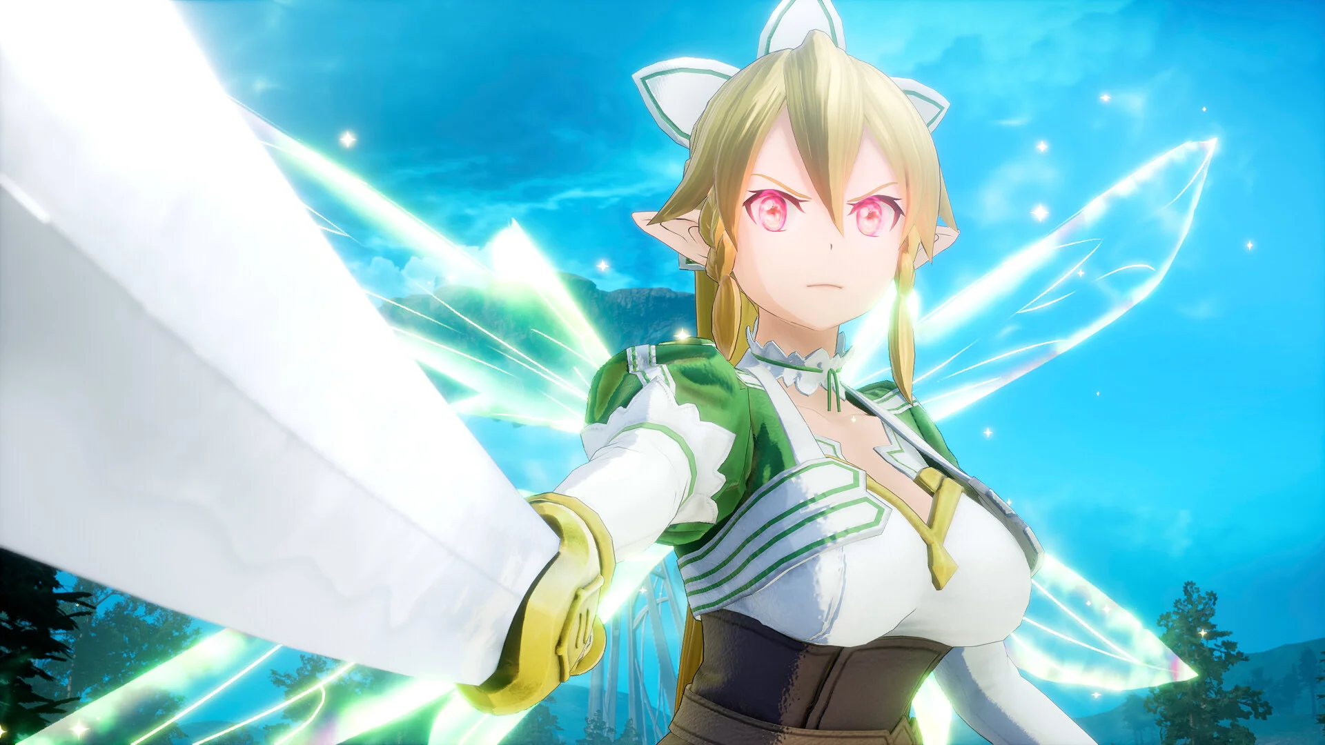 Blonde fairy in green and white thrusting a white blade under a blue sky