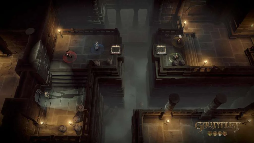 Split stone platforms over mist, red and blue heroes on the left, green and gold on the right, Gauntlet logo lower right