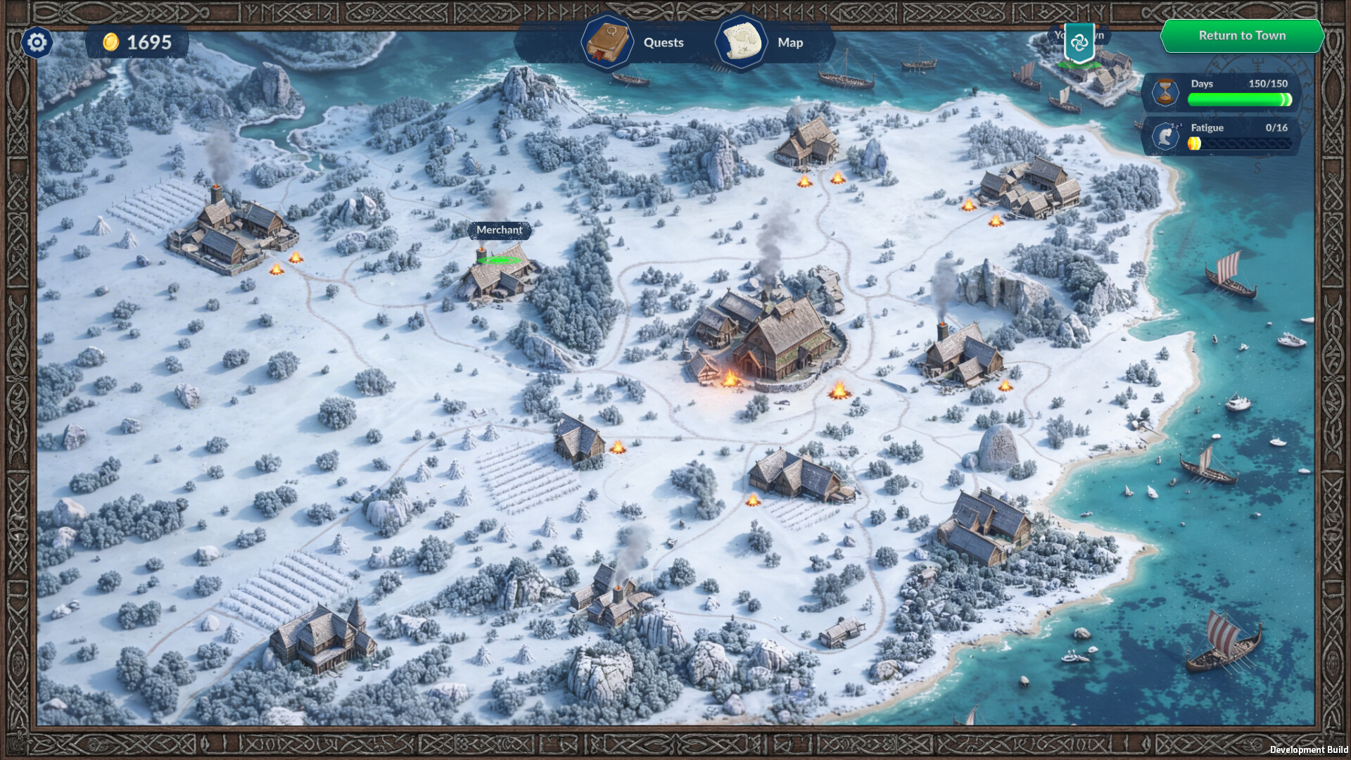 True Vikings snowy coastal village map with merchant marker, quests, and day-fatigue meters