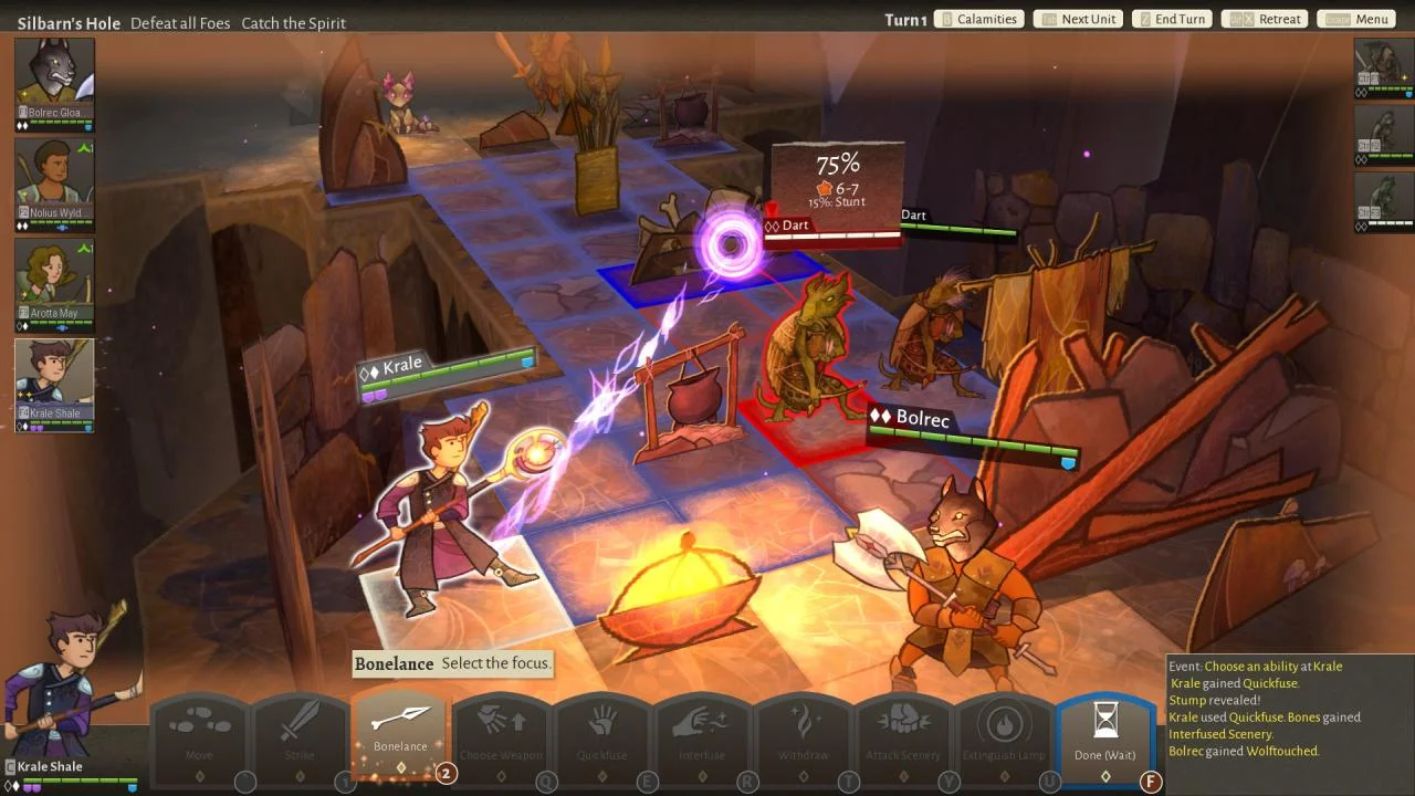 Silbarn’s Hole: Krale aiming a purple Bonelance at Dart beside a cauldron, wolf-headed Bolrec with a scroll, camp clutter on tiled floor
