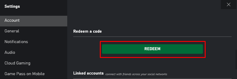 Xbox app redeem a code setting