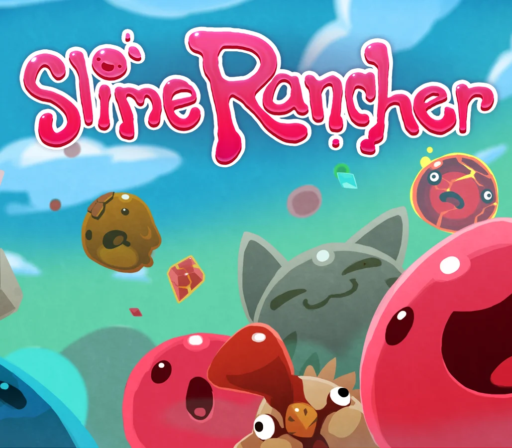 Slime Rancher cover: pink logo, tabby-cat slime, pink blobs, brown chicken, lava slime in a blue sky
