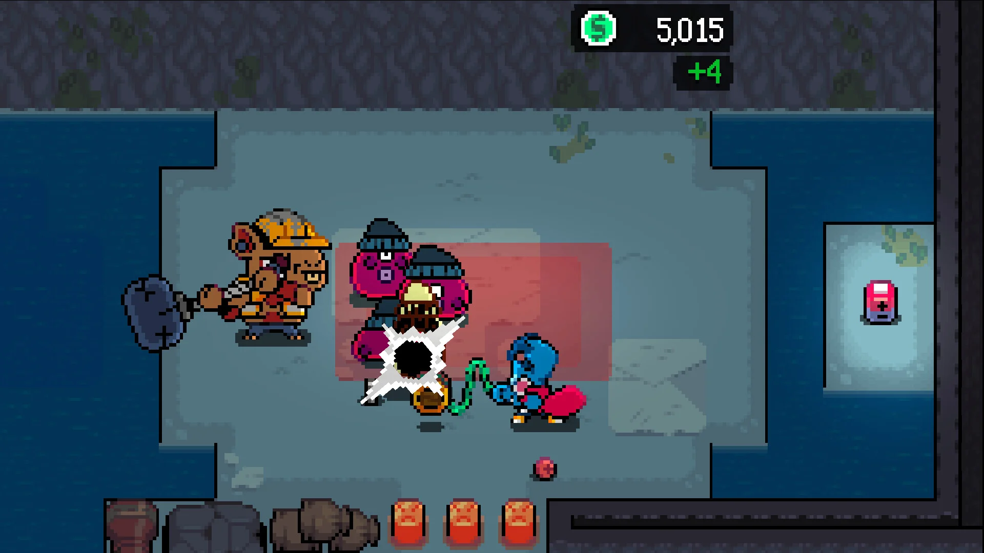 Top-down room with small characters and a timer