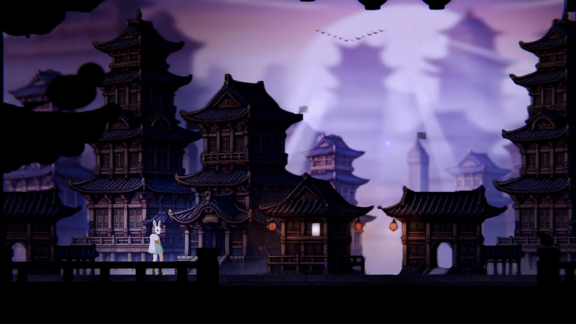 Small rabbit figure on a dark railing before layered pagodas, pale moon and hanging lanterns