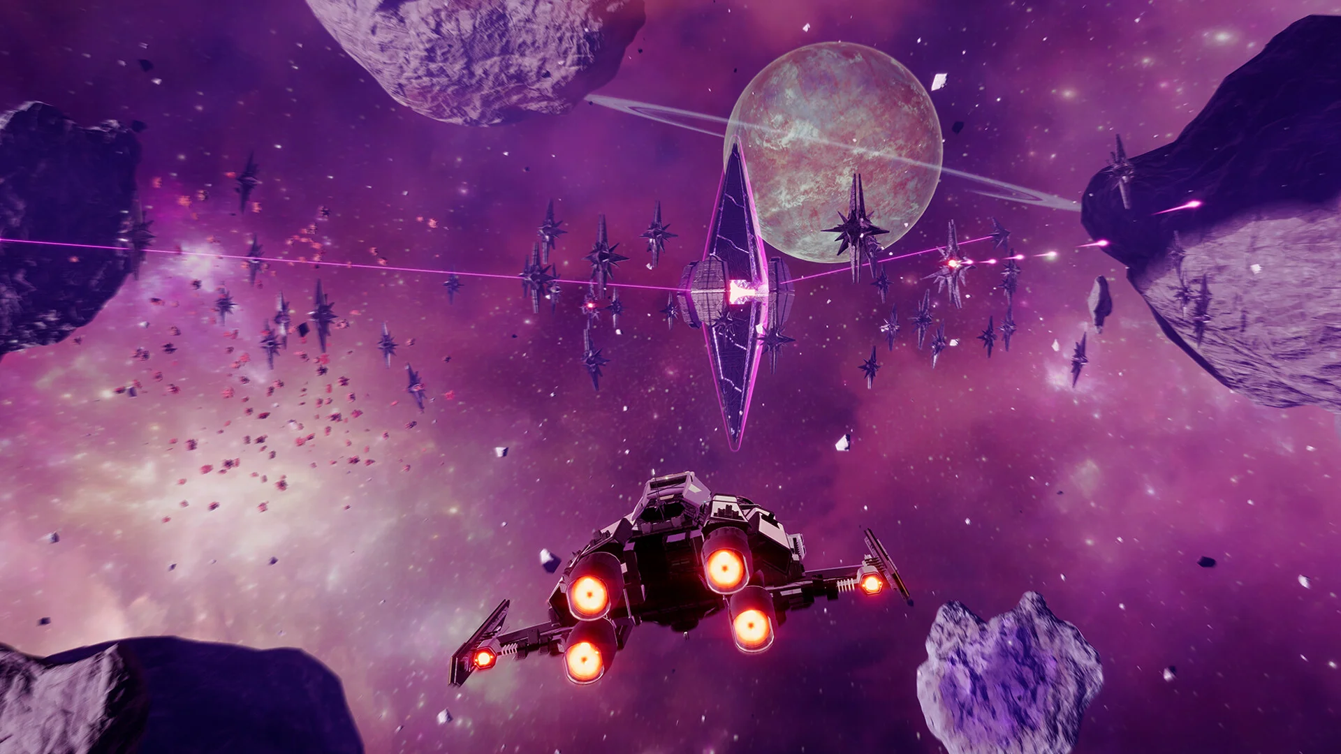 Purple nebula space battle: a four-engine ship with orange thrusters chasing a dart-shaped vessel through asteroids toward a ringed planet