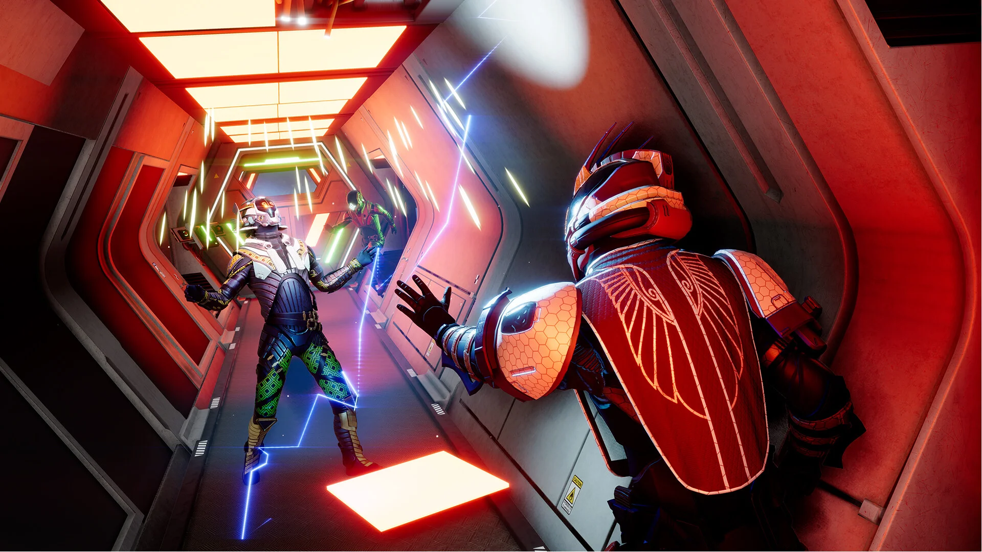 Red-lit ship corridor: a green-armoured crewmate facing a red-winged helmet, neon floor panels and rainbow streaks between them