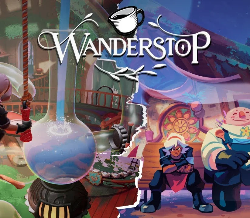 Logo Wanderstop nad szklaną kolbą do herbaty, ponura Alta o białych włosach na ławce obok uśmiechniętego zaokrąglonego sklepikarza