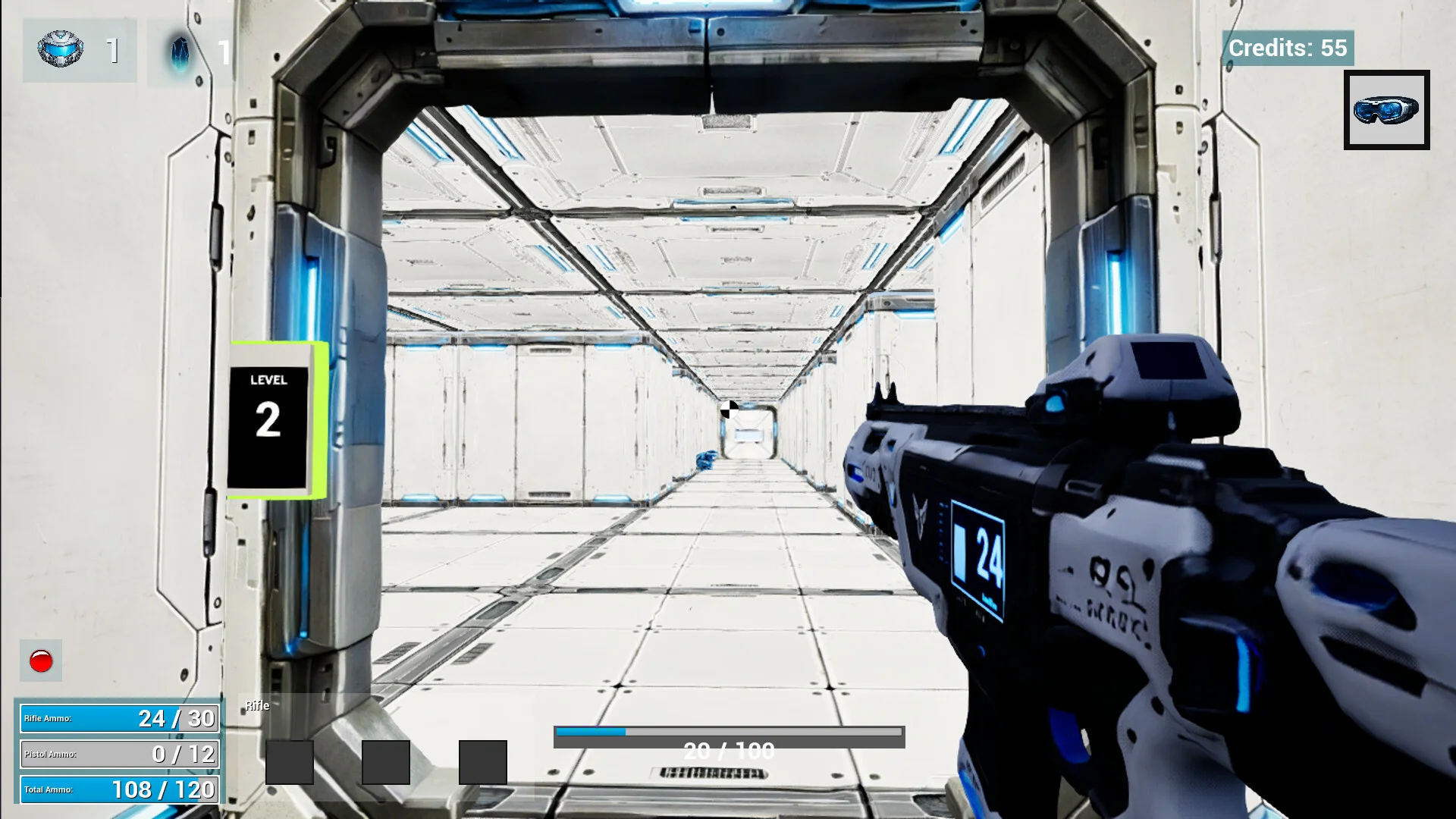 First-person rifle aimed down a bright white level-two maze corridor