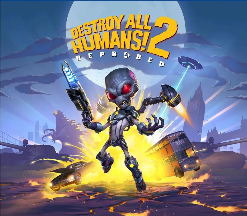 Destroy All Humans! 2 Reprobed logo over Crypto with red eyes, a blue gun and a hammer arm, leaping above a London bus, tanks and a saucer