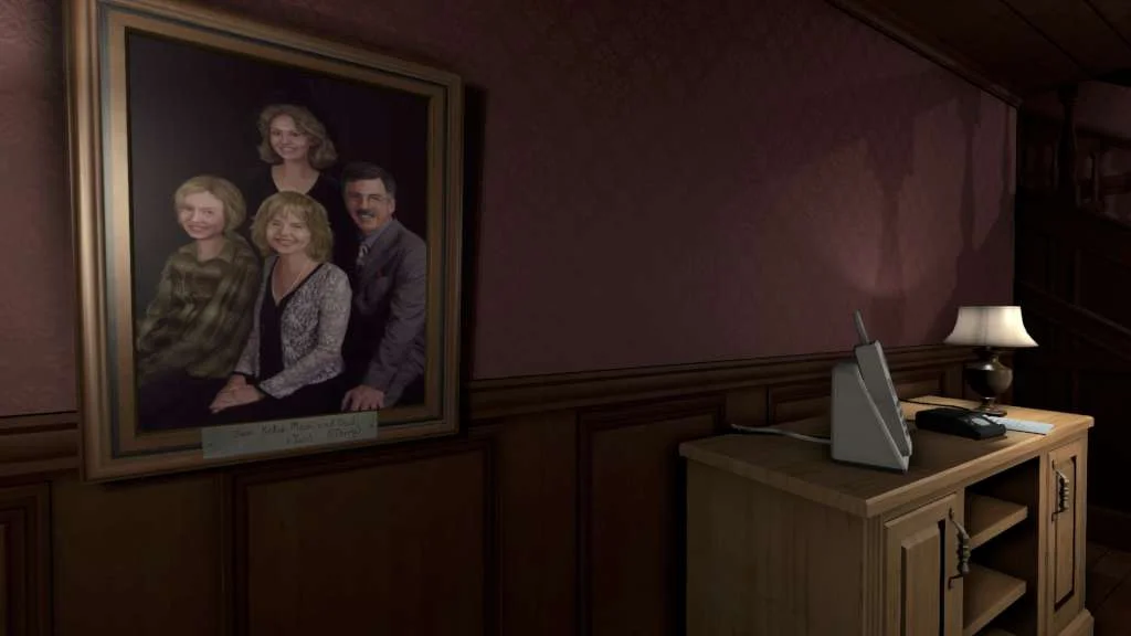Wood-panel hall, framed family portrait of four people, beige cordless phone on a sideboard, lamp on the stair