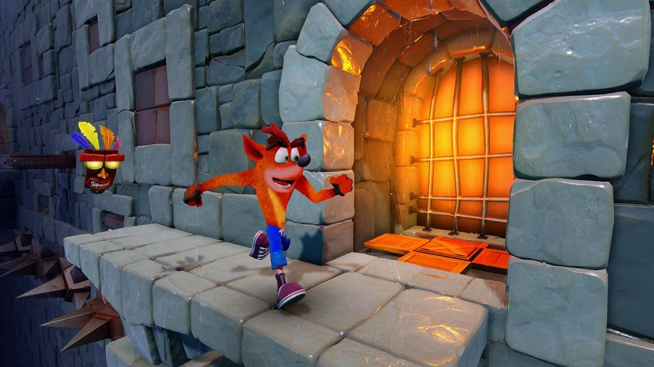 Crash running past Aku Aku toward a glowing barred furnace door on wet stone